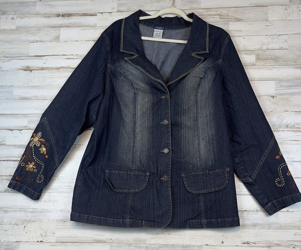 Vintage Y2K Z Cavaricci Women’s 2X Dark Denim Blazer Floral Embroidered Jacket